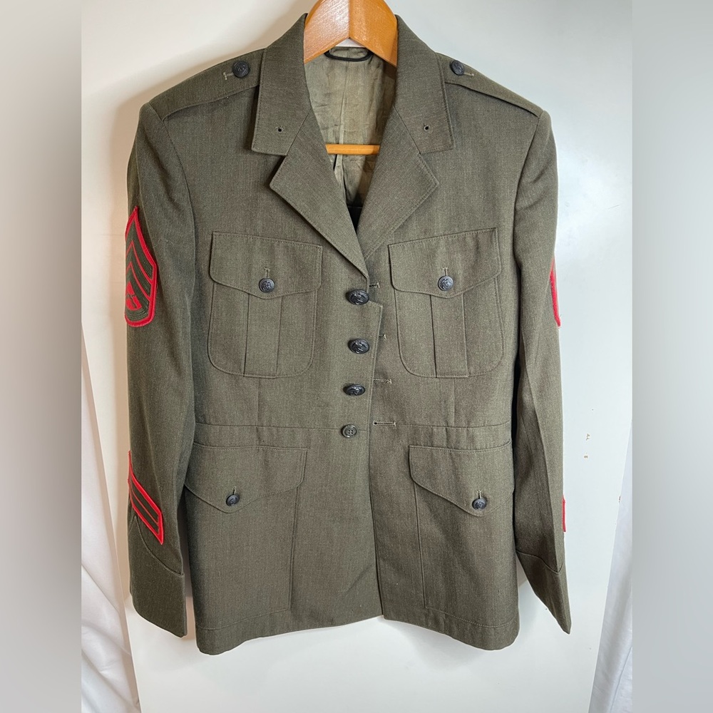 ⭐️Vintage DSCP Crown Clothing Co Military Jacket/Coat Army Green w/ Patches 38S - Picture 2 of 10